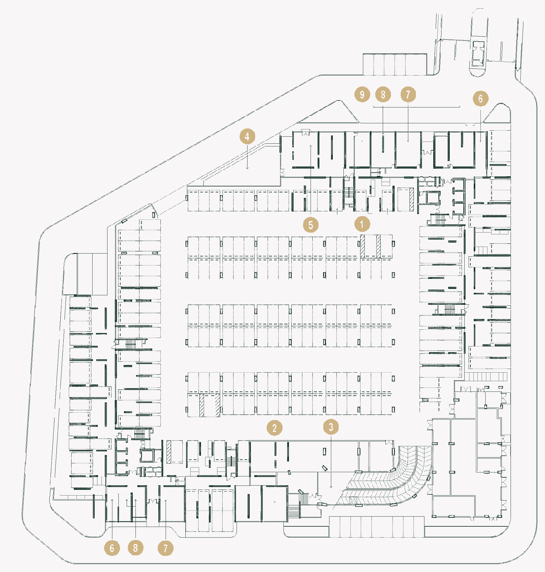 Ground floor plan of Bodaiju Residences Medini, redrawn as a blueprint, with the co-working space, lounge, nursery, parcel area and playground numbered 1 to 9
