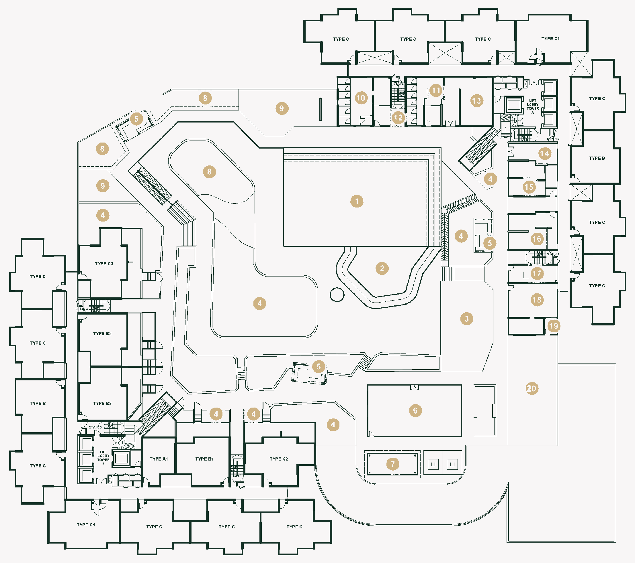 Level 7 facilities deck plan of Bodaiju Residences Medini, redrawn as a blueprint, with the swimming pool, gymnasium, gardens and courts numbered 1 to 20