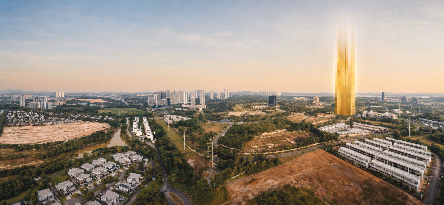 Aerial view of Medini, Johor at sunset with Bodaiju Residences marked among Legoland, EduCity, Gleneagles and Puteri Harbour, looking towards Singapore, artist's impression