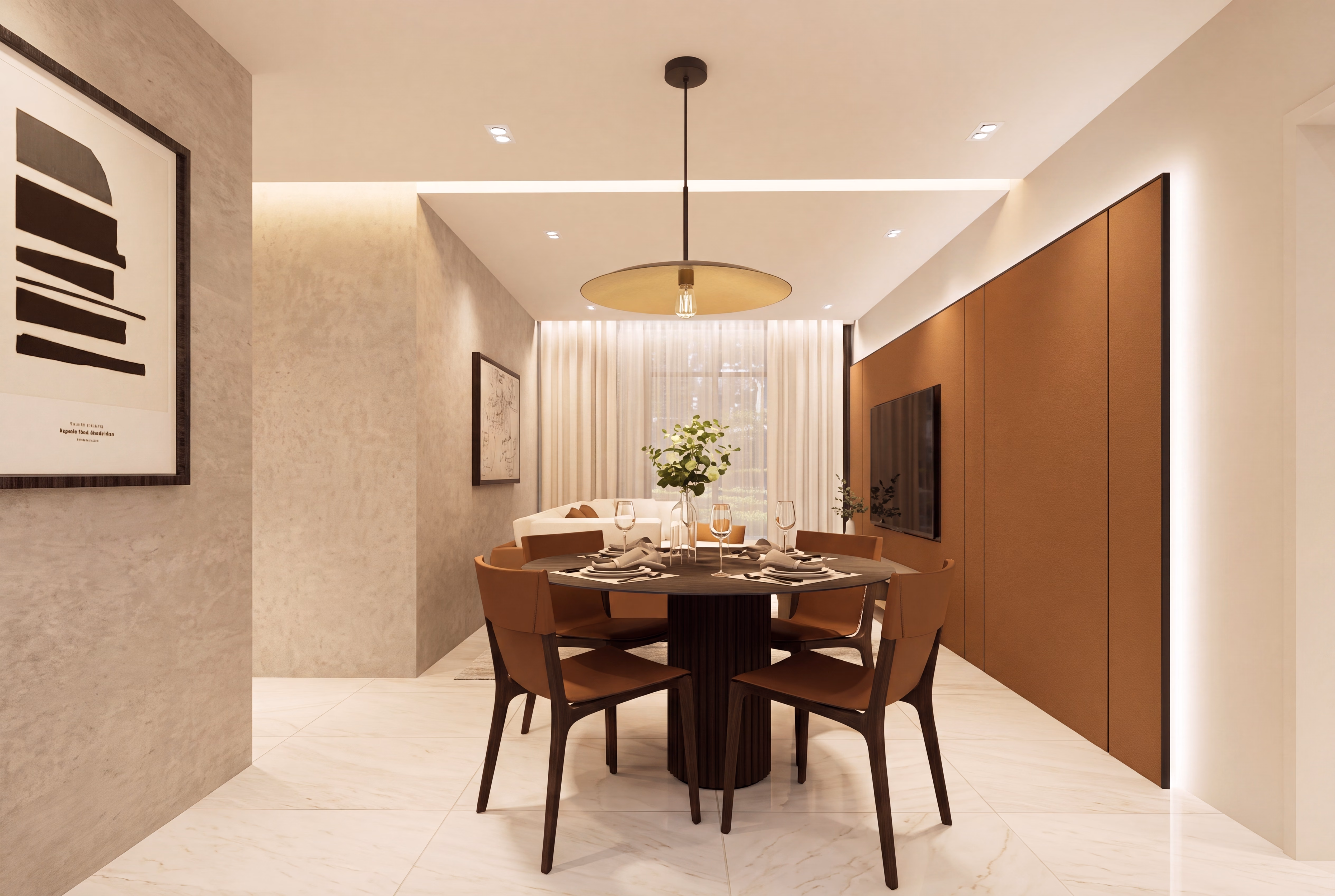 Dining area with a round table and pendant lighting in a Bodaiju Residences Medini show unit, artist's impression