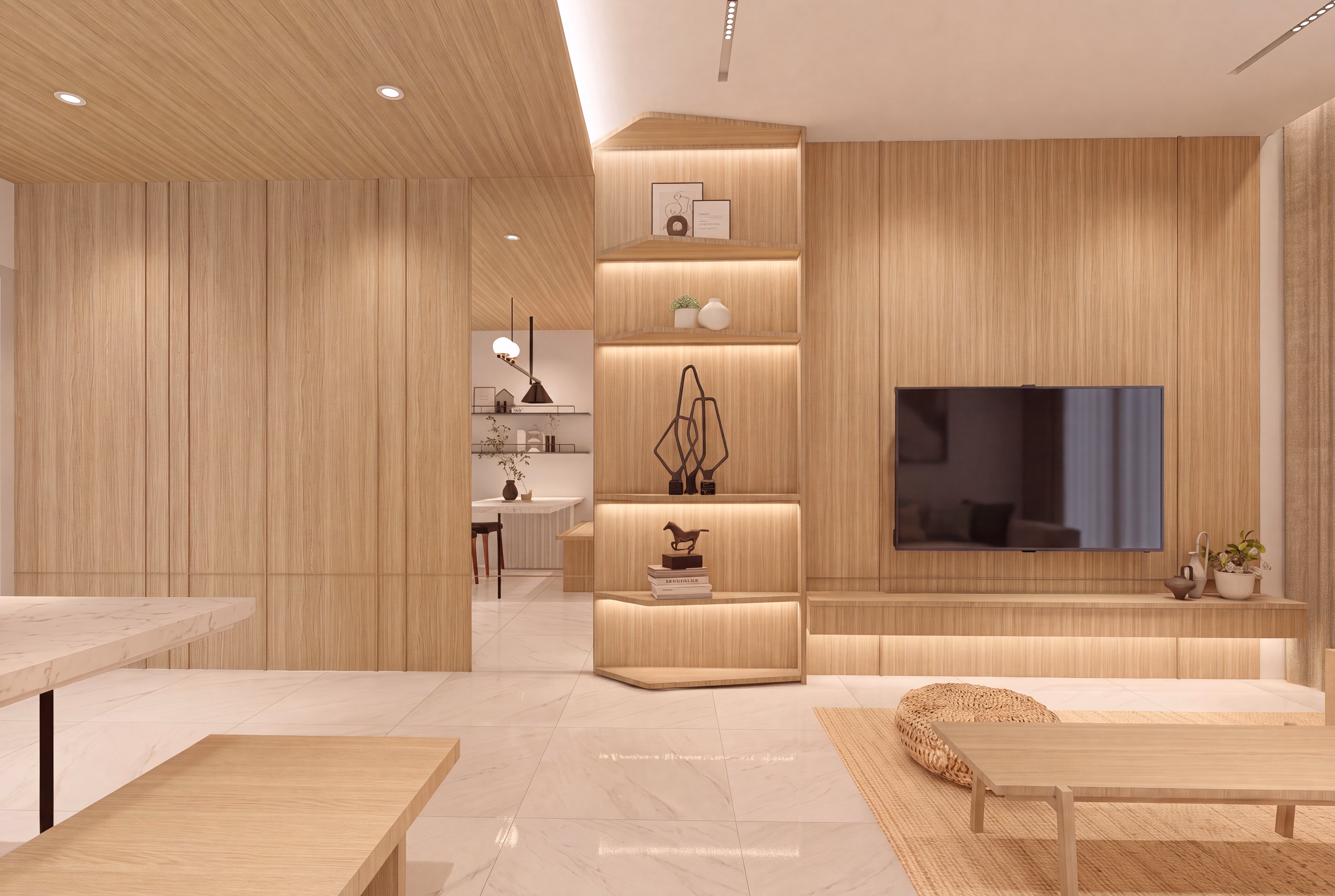 Living room with a timber feature wall and wall-mounted television in a Bodaiju Residences Medini show unit, artist's impression