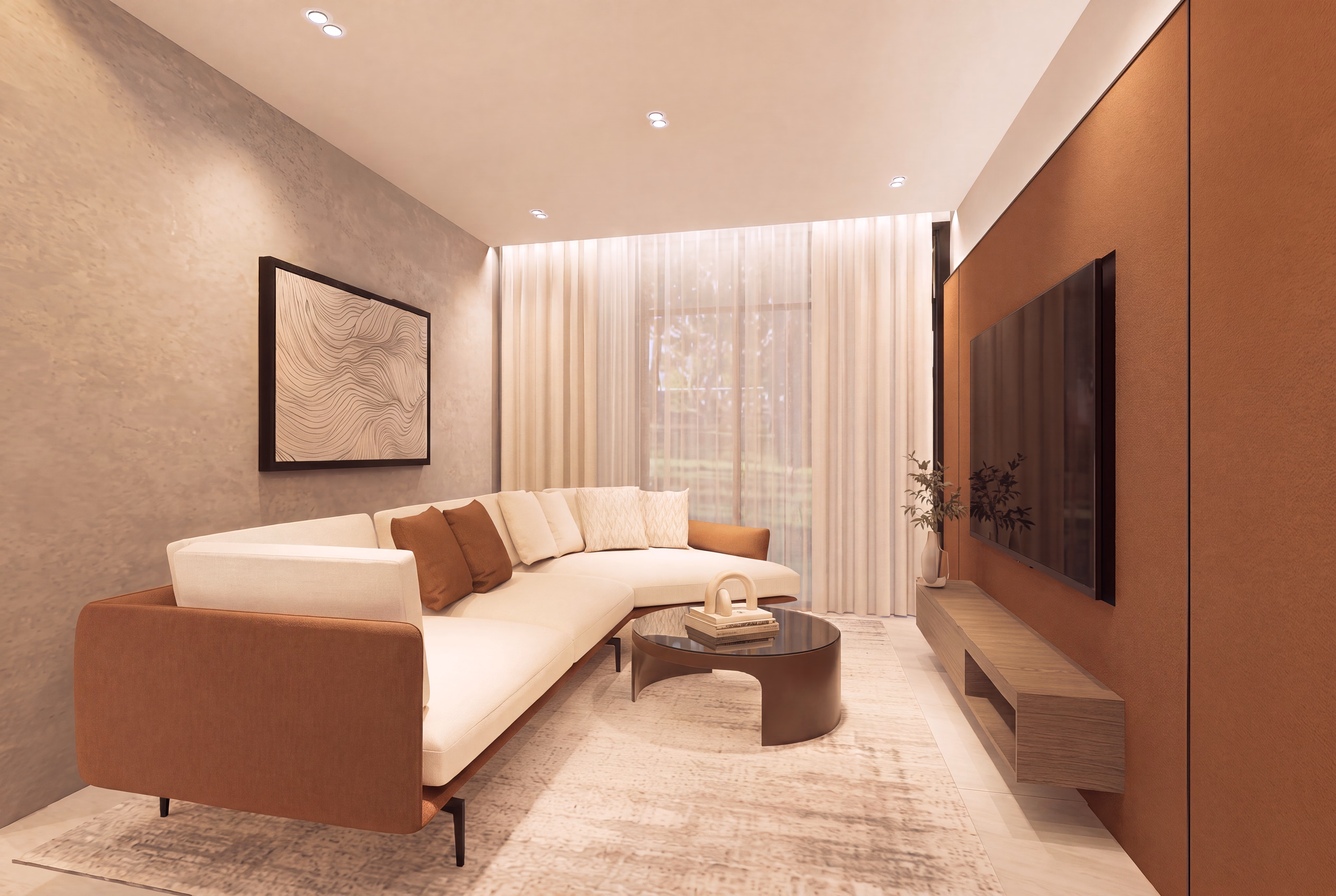 Show-unit living room interior at Bodaiju Residences Medini with a curved sofa and warm timber tones, artist's impression
