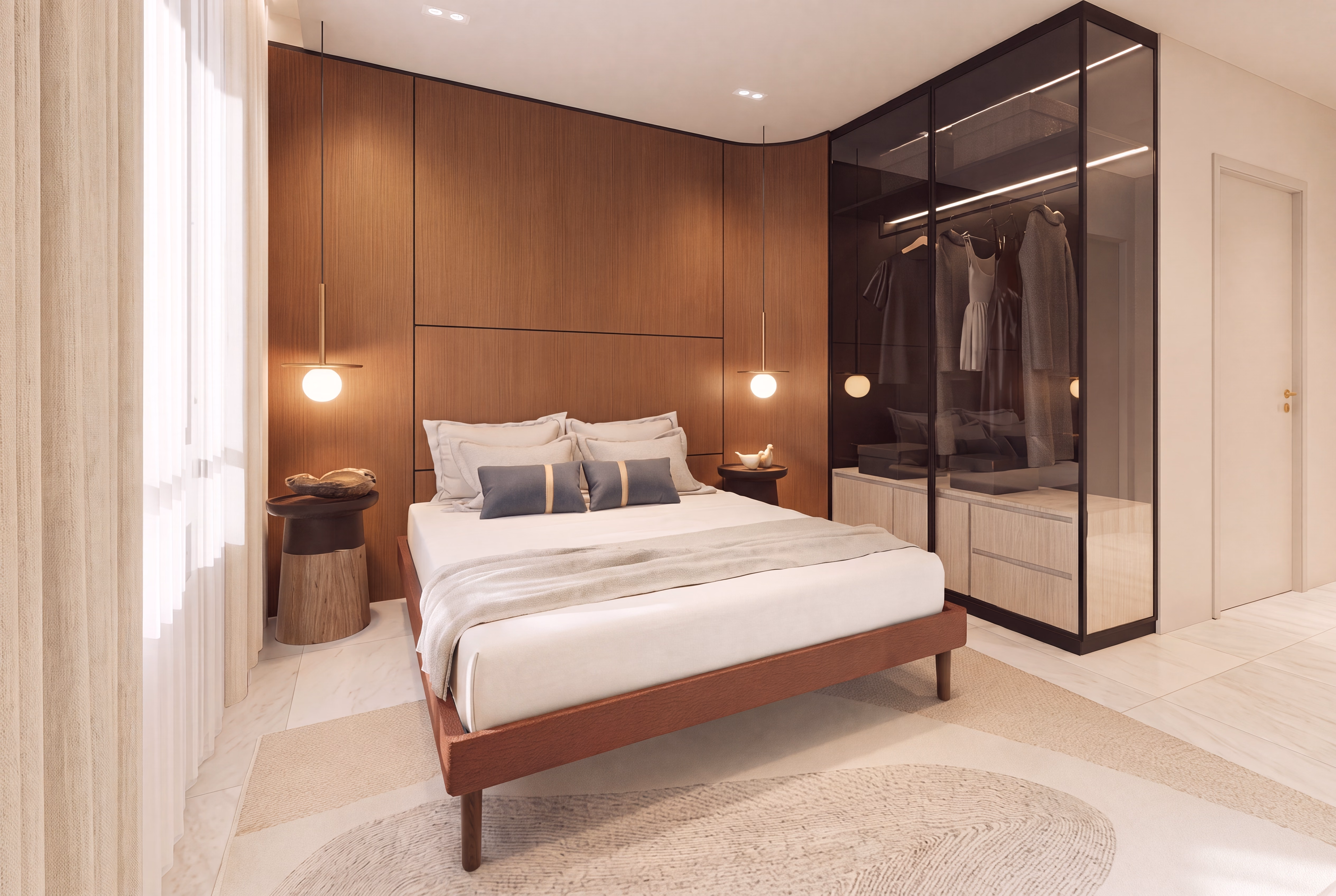 Master bedroom with a fitted wardrobe in a Bodaiju Residences Medini show unit, artist's impression