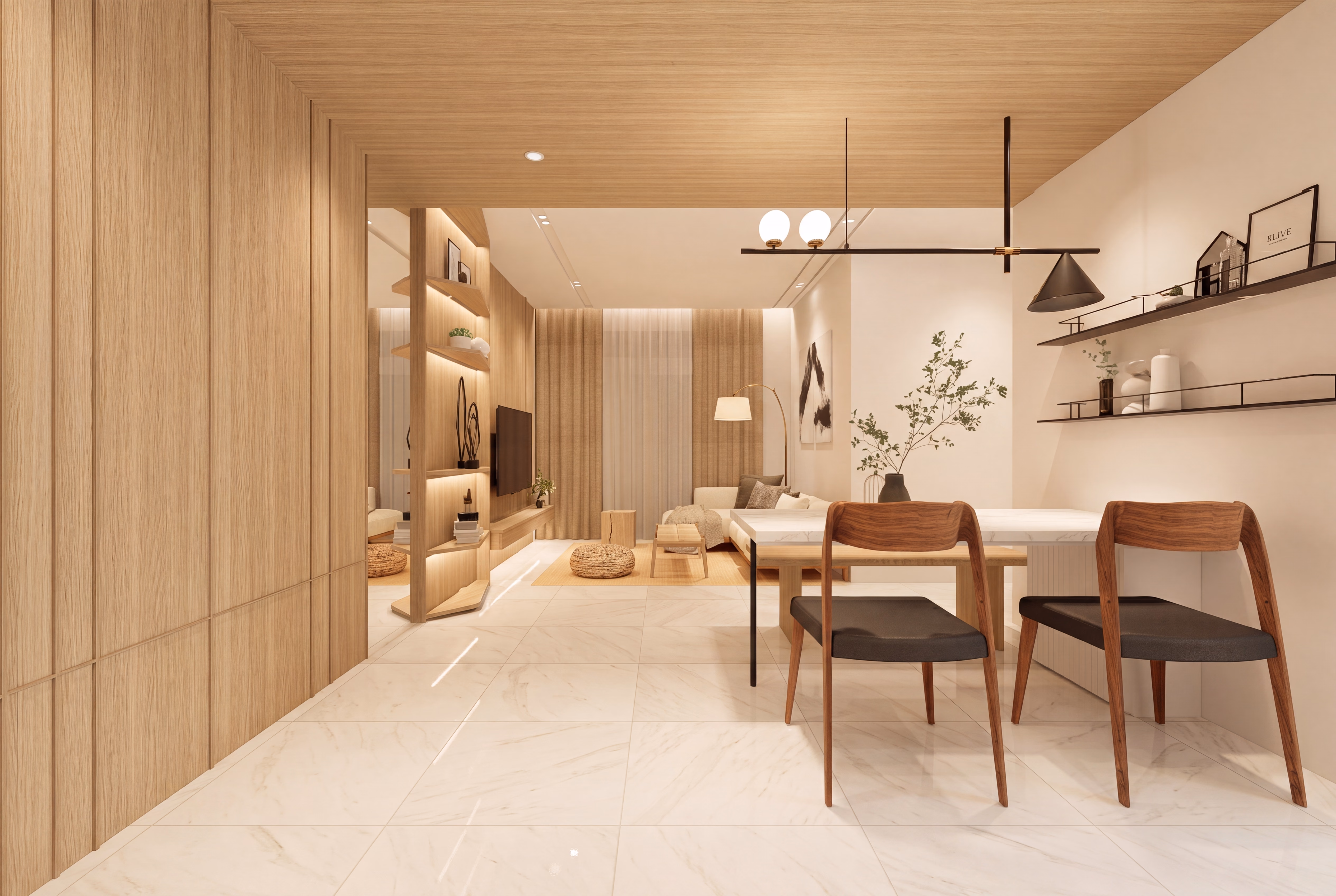 Open kitchen and dining space in a Bodaiju Residences Medini serviced apartment show unit, artist's impression