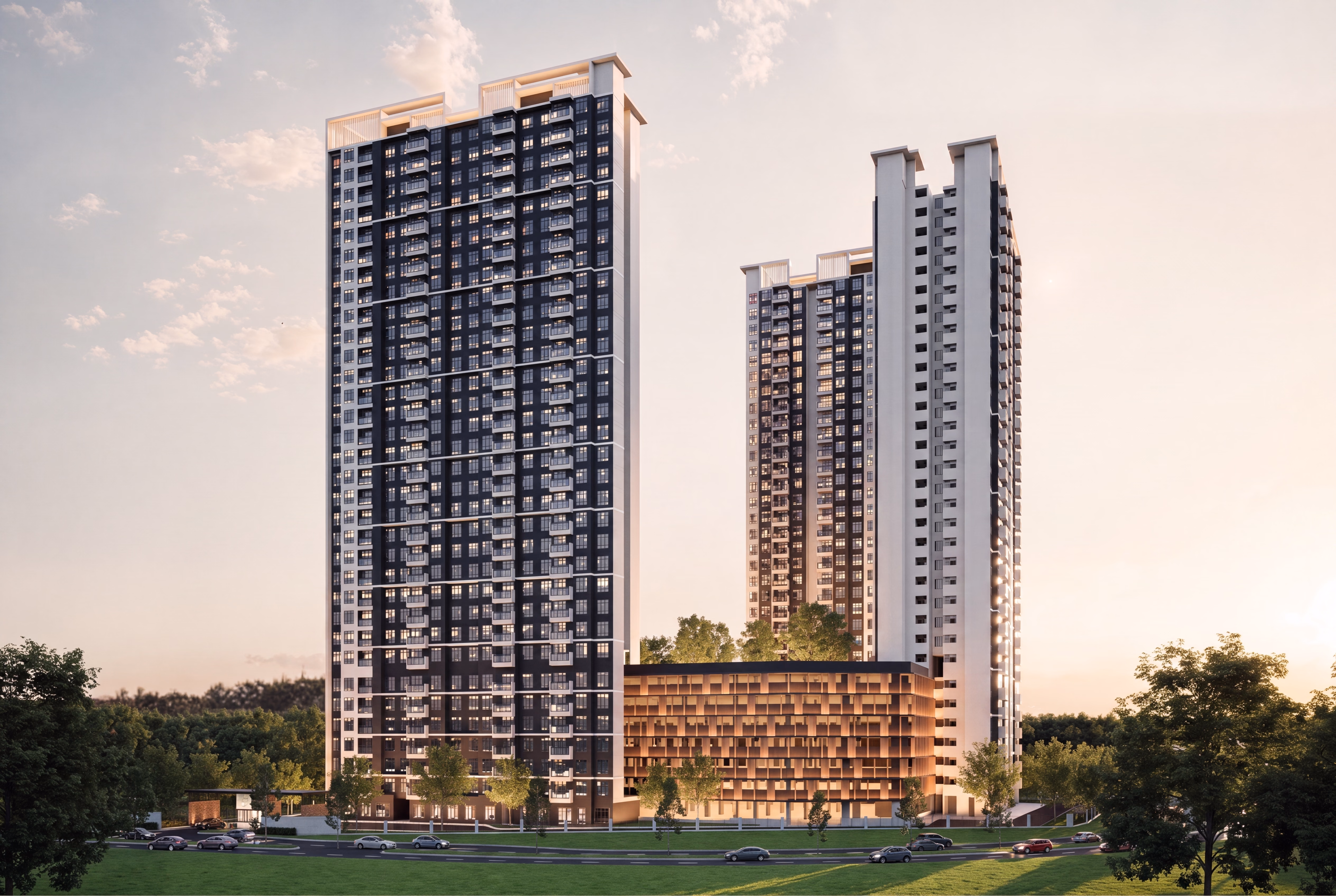 Twin residential towers of Bodaiju Residences at sunset, a serviced apartment development in Medini, Iskandar Puteri, Johor, artist's impression