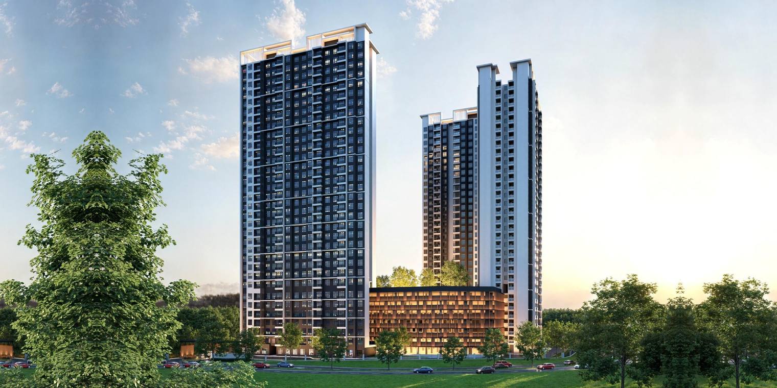 Bodaiju Residences twin towers at sunset in Medini, Johor with lit retail podium, artist's impression