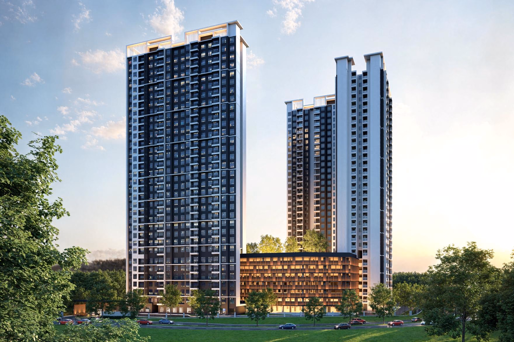 Bodaiju Residences twin towers at sunset in Medini, Iskandar Puteri, artist's impression