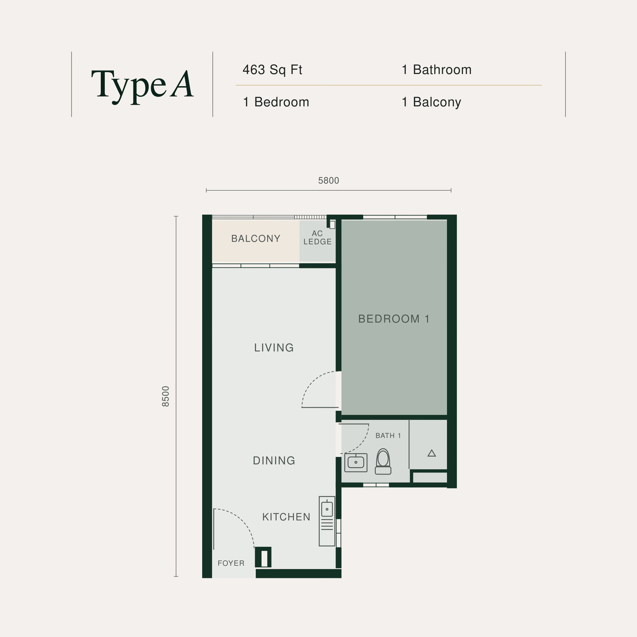 Bodaiju Residences Type A floor plan: 1-bedroom, 463 sq ft