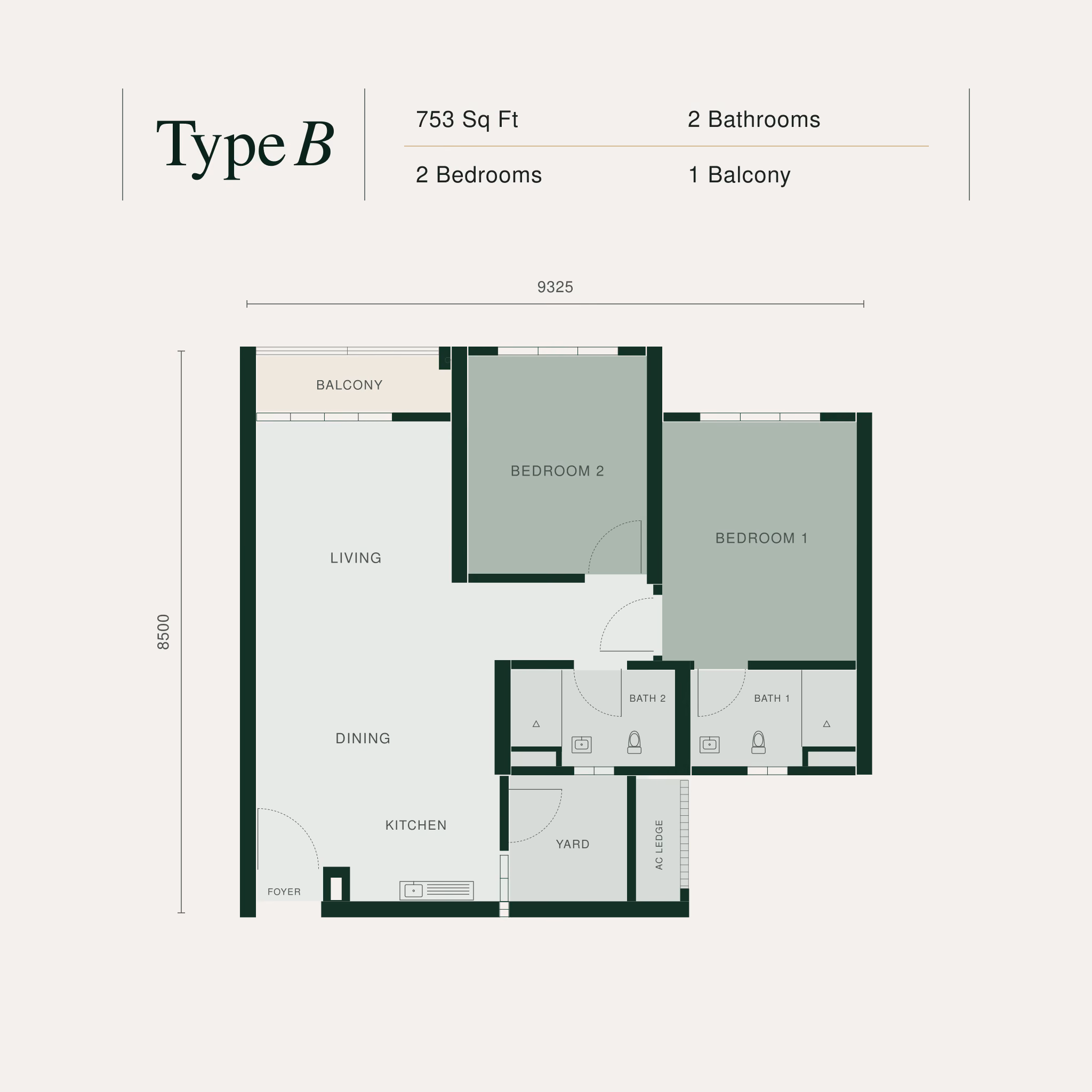Bodaiju Residences Type B floor plan: 2-bedroom, 753 sq ft