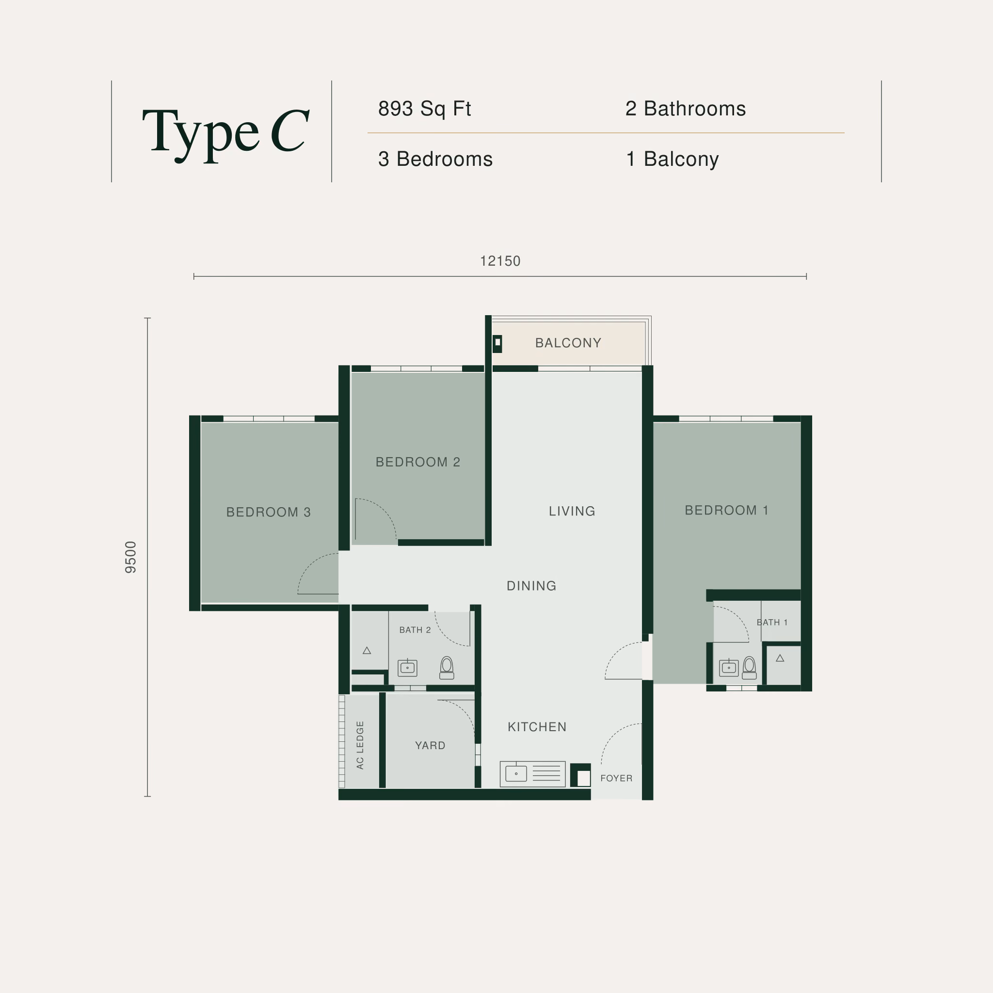 Bodaiju Residences Type C floor plan: 3-bedroom, 893 sq ft