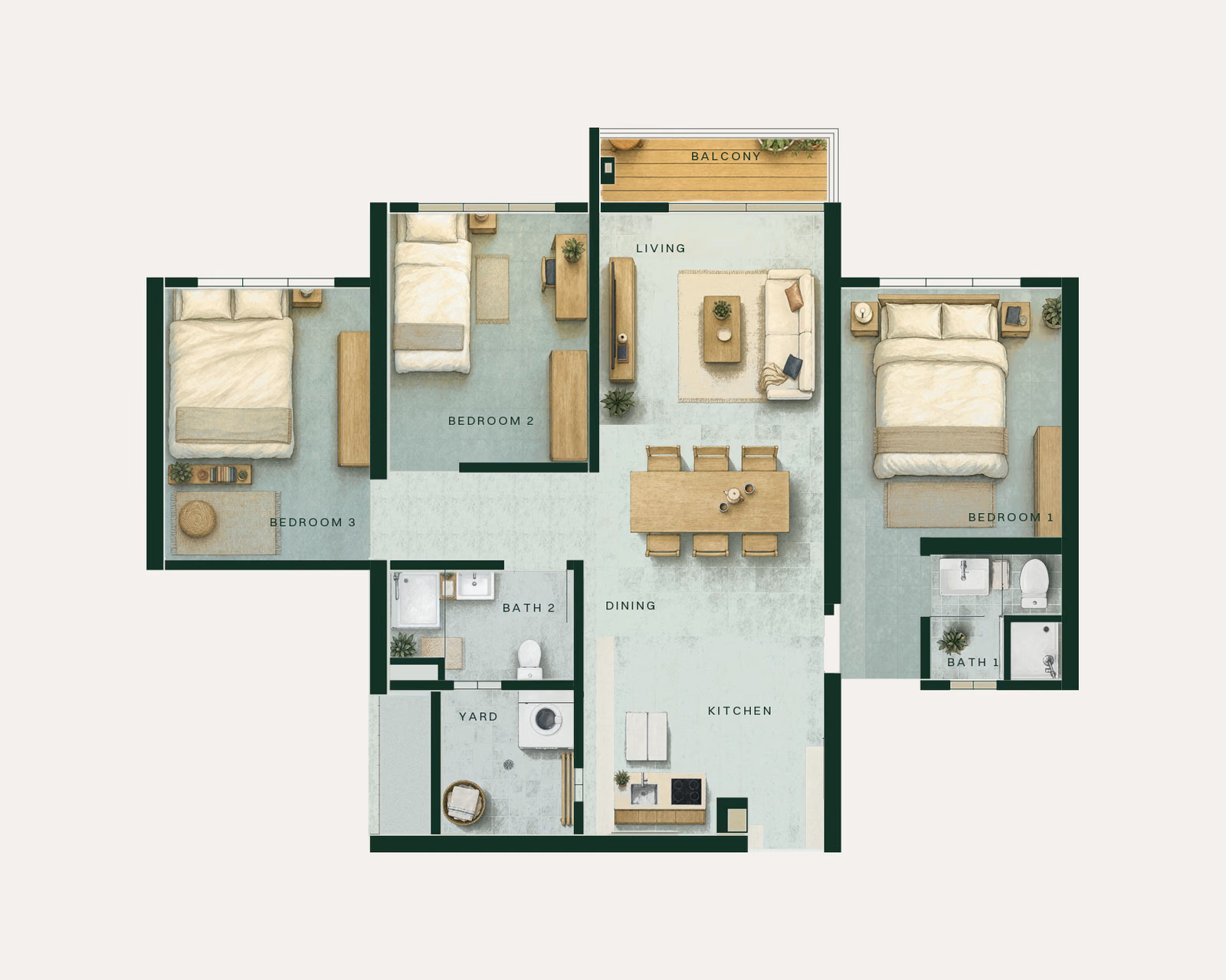 Bodaiju Residences Type C, 893 sq ft, three-bedroom floor plan illustrated with furniture and labelled room by room: Bedroom 1 with ensuite Bath 1, Bedroom 2, Bedroom 3, an open Living and Dining space with a television wall, Kitchen, Bath 2, laundry Yard and Balcony