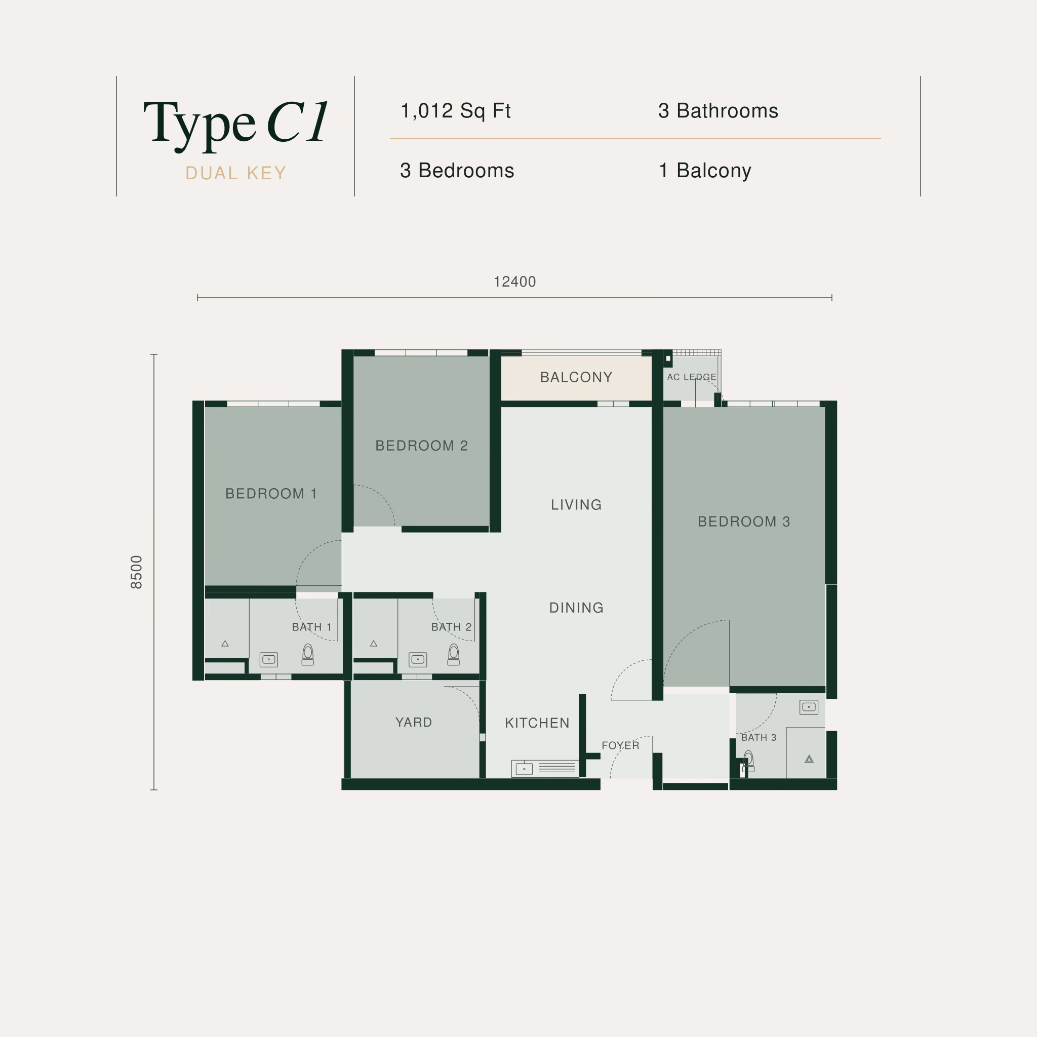 Bodaiju Residences Type C1 floor plan: 3-bedroom, 1,012 sq ft