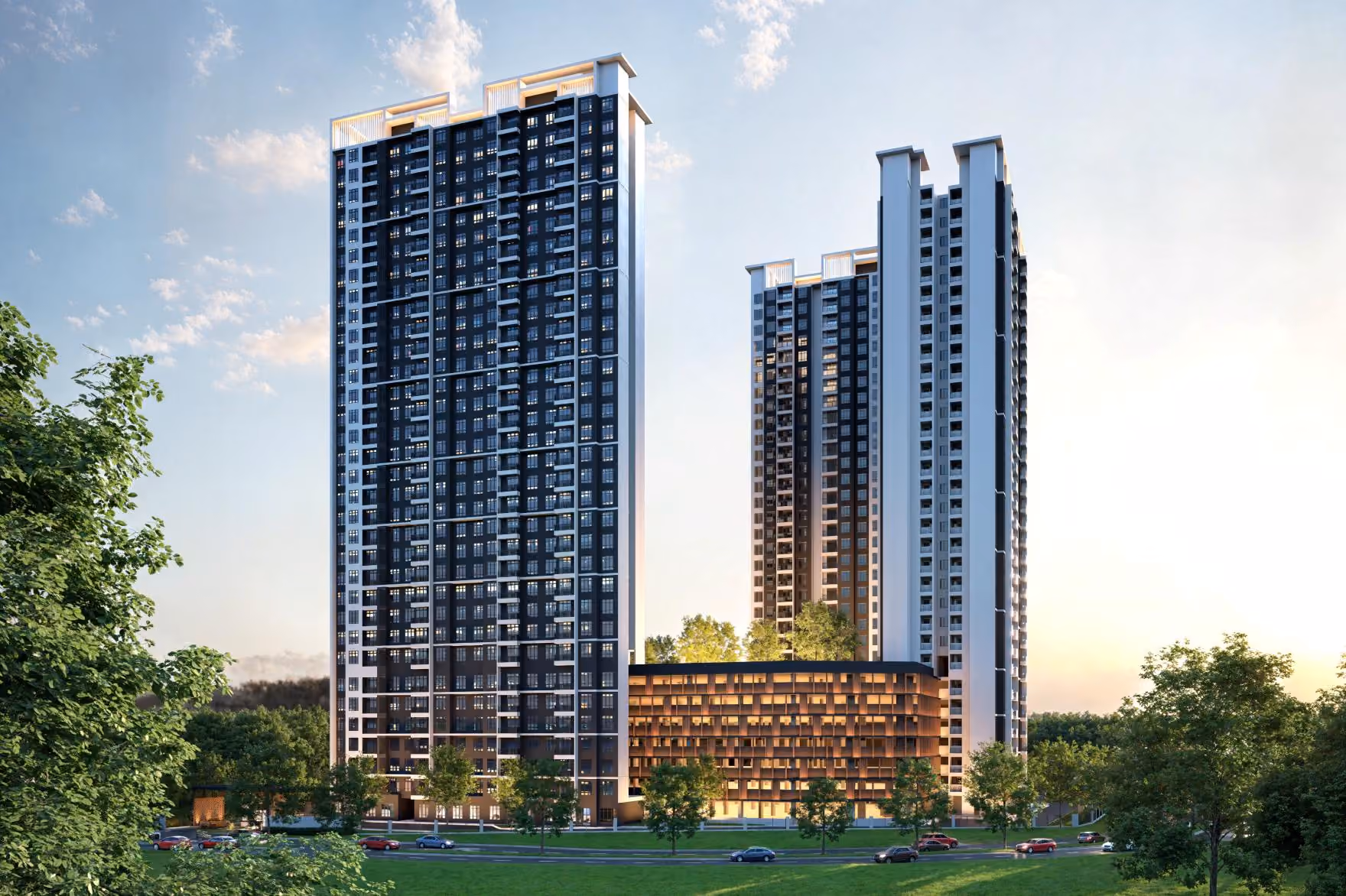 Bodaiju Residences twin towers at dusk with lit retail podium, artist's impression