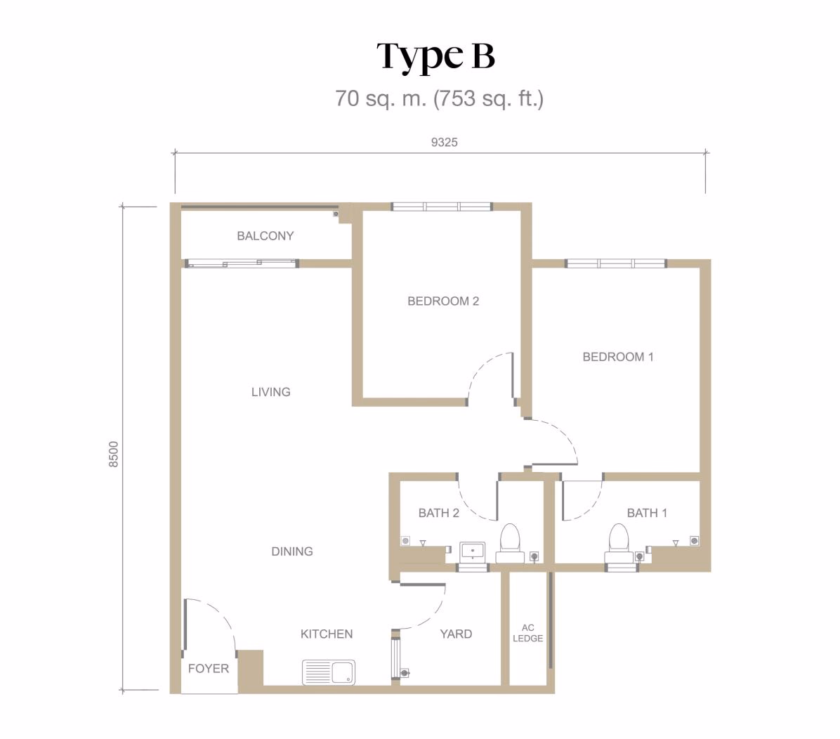 Type B floor plan: 2 bedroom, 753 sq ft