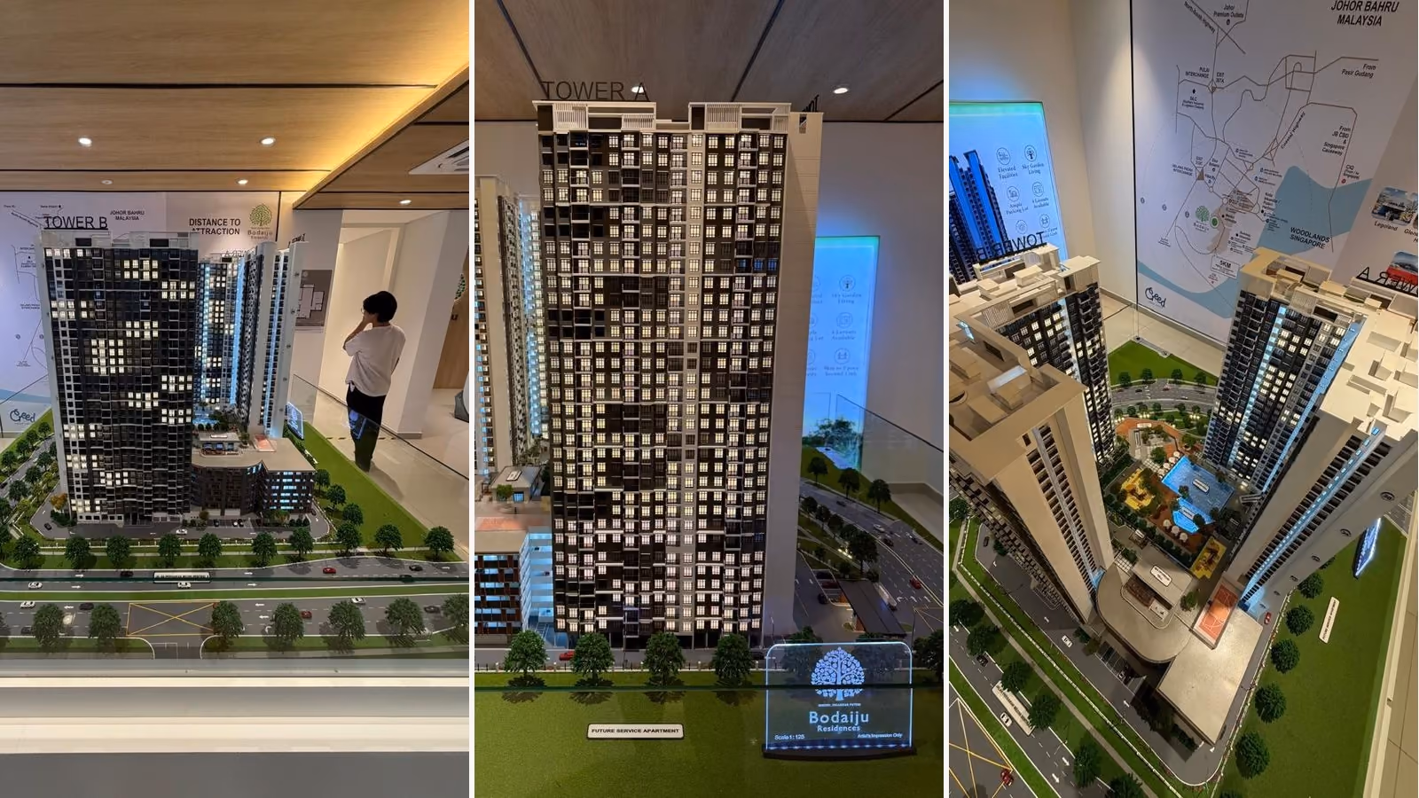 Three views inside the Bodaiju Residences sales gallery in Medini. A visitor stands beside the scale model under wall panels reading Tower B, Johor Bahru Malaysia and Distance to Attraction. A backlit plaque at the foot of the model reads Bodaiju Residences, Scale 1:125, Artist's Impression Only. An overhead view shows the podium, pool deck and courtyard between the two towers, beside a wall map marking Woodlands Singapore and a 5km ring.