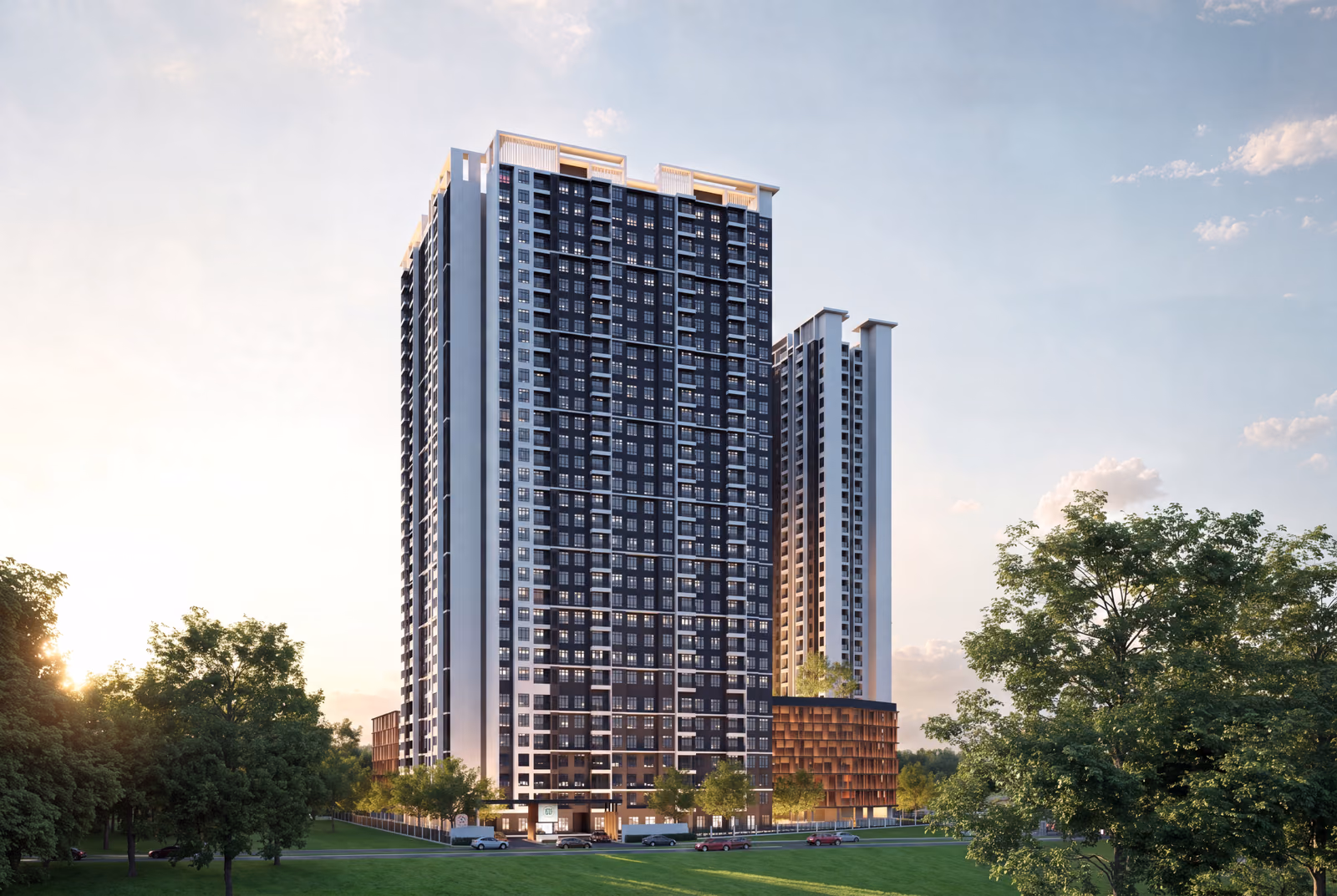 Artist's impression of the garden deck at Bodaiju Residences in Medini, looking up between the two towers.