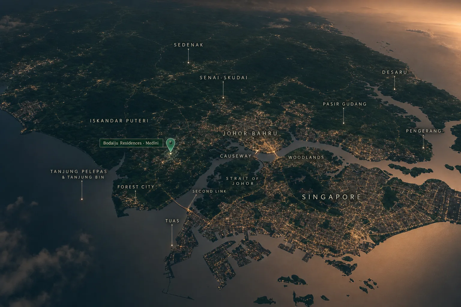 Dusk aerial map of southern Johor and Singapore showing the JS-SEZ flagship zones, with Bodaiju Residences marked in Medini inside the Iskandar Puteri zone, just north of the Tuas Second Link crossing to Singapore.