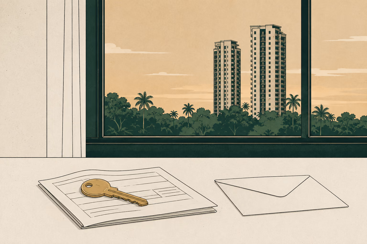 Illustration of a brass apartment key lying on a printed form beside a sealed envelope on a pale table, with two residential towers and a palm treeline framed by a window at dusk.